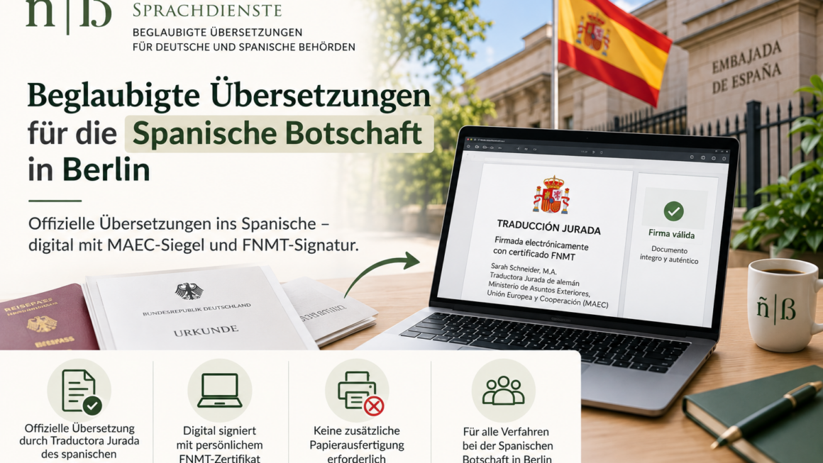Beglaubigte Übersetzungen für die Spanische Botschaft in Berlin – digital mit MAEC-Siegel und FNMT-Signatur
