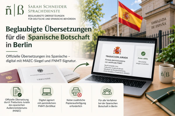Beglaubigte Übersetzungen für die Spanische Botschaft in Berlin – digital mit MAEC-Siegel und FNMT-Signatur